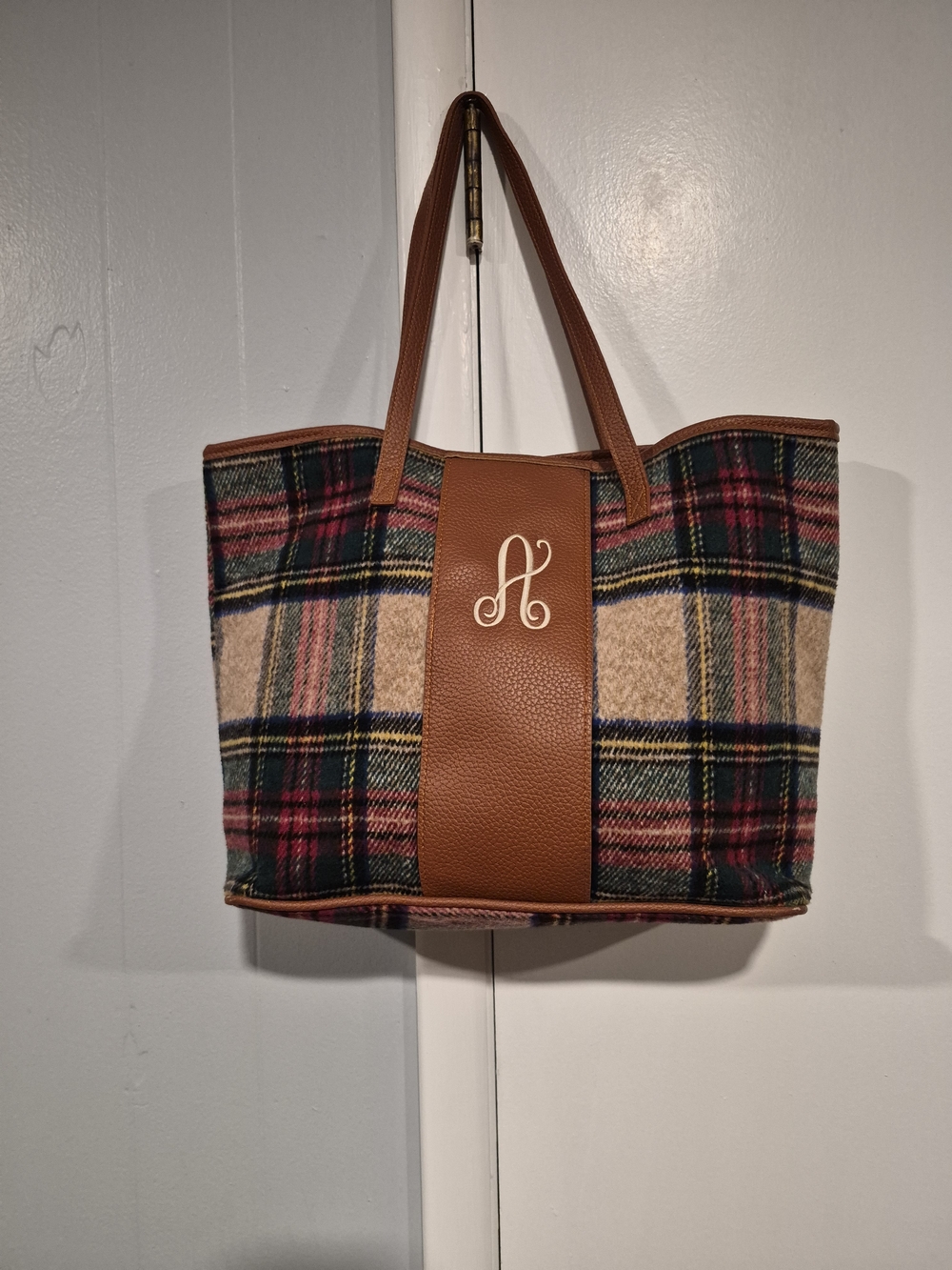 Plaid Tote with Brown Leather Center Panel and Monogram Accent
